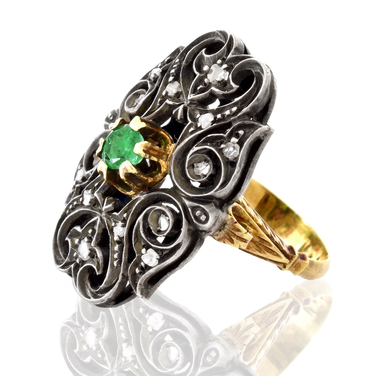 Antique 14K Gold, Silver and Emerald Ring