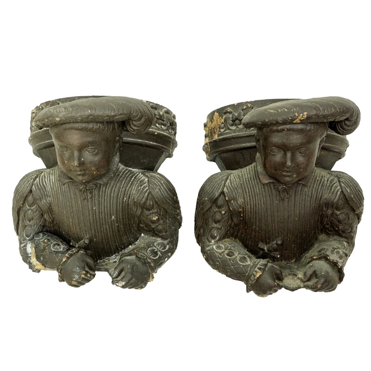 Pair of Carved Wood Tudor Style Figural Corbels