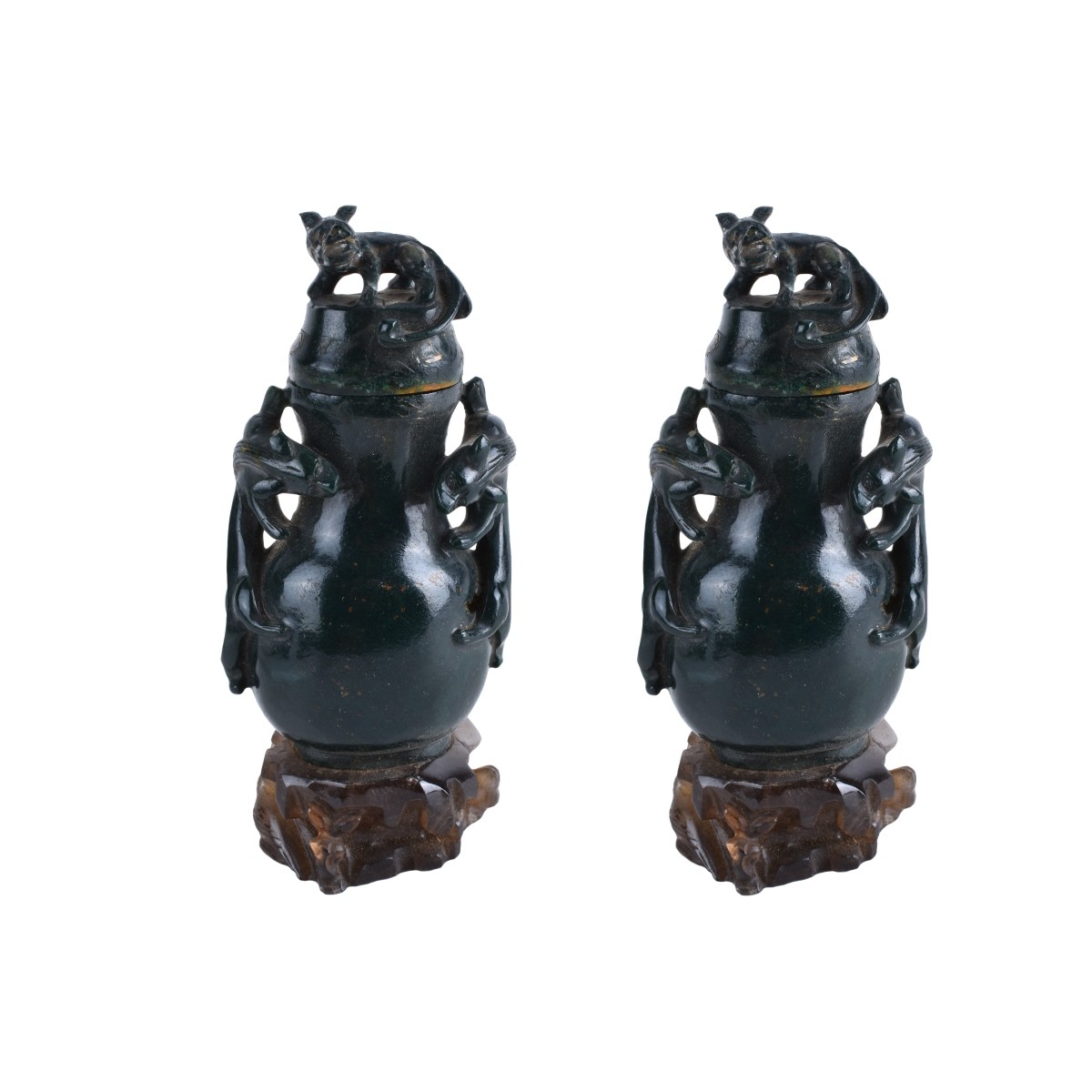 Pair of Antique Chinese Spinach Jade Covered Vases