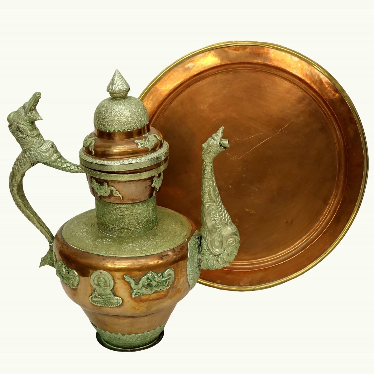 Massive Antique Tibetan Copper and Brass Ewer/Tray