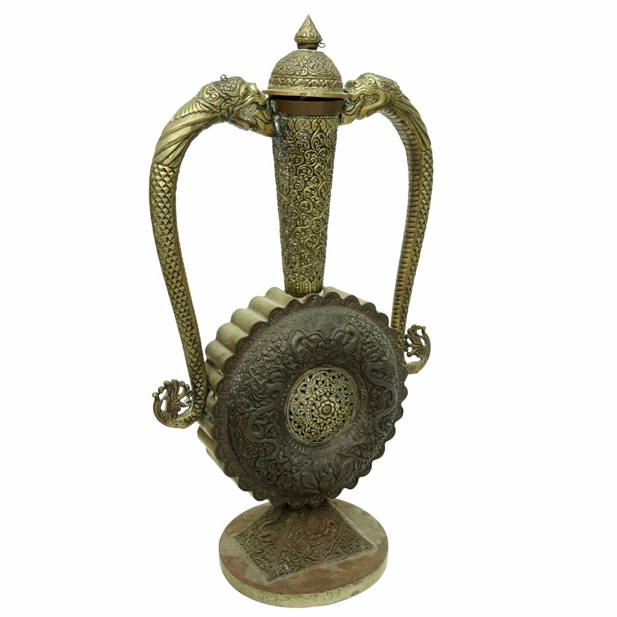 Large Tibetan Brass Double Handled Covered Vase