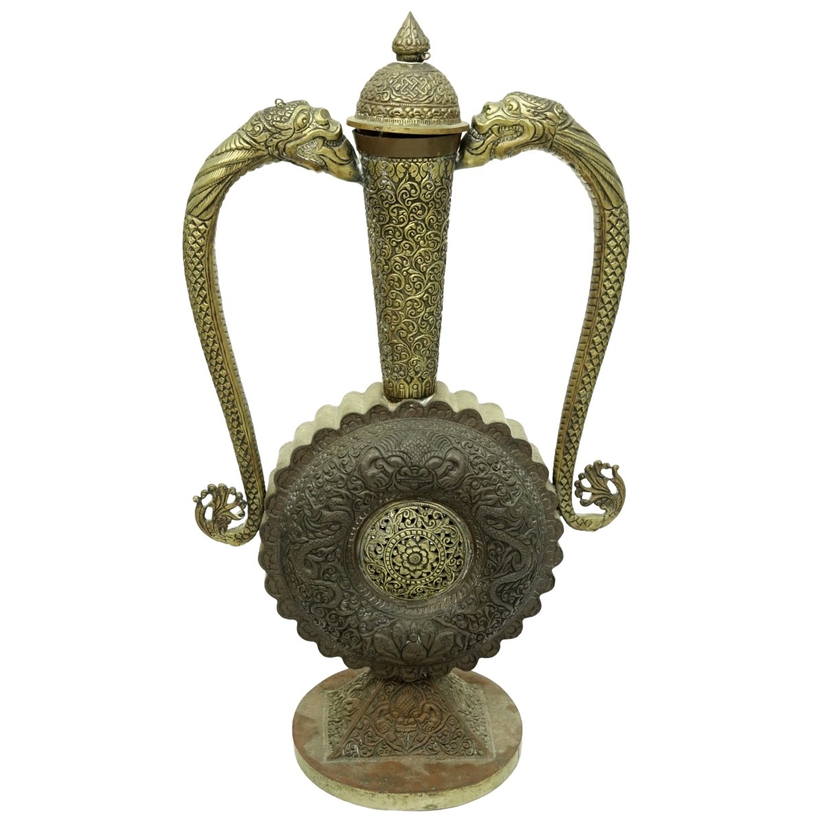 Large Tibetan Brass Double Handled Covered Vase