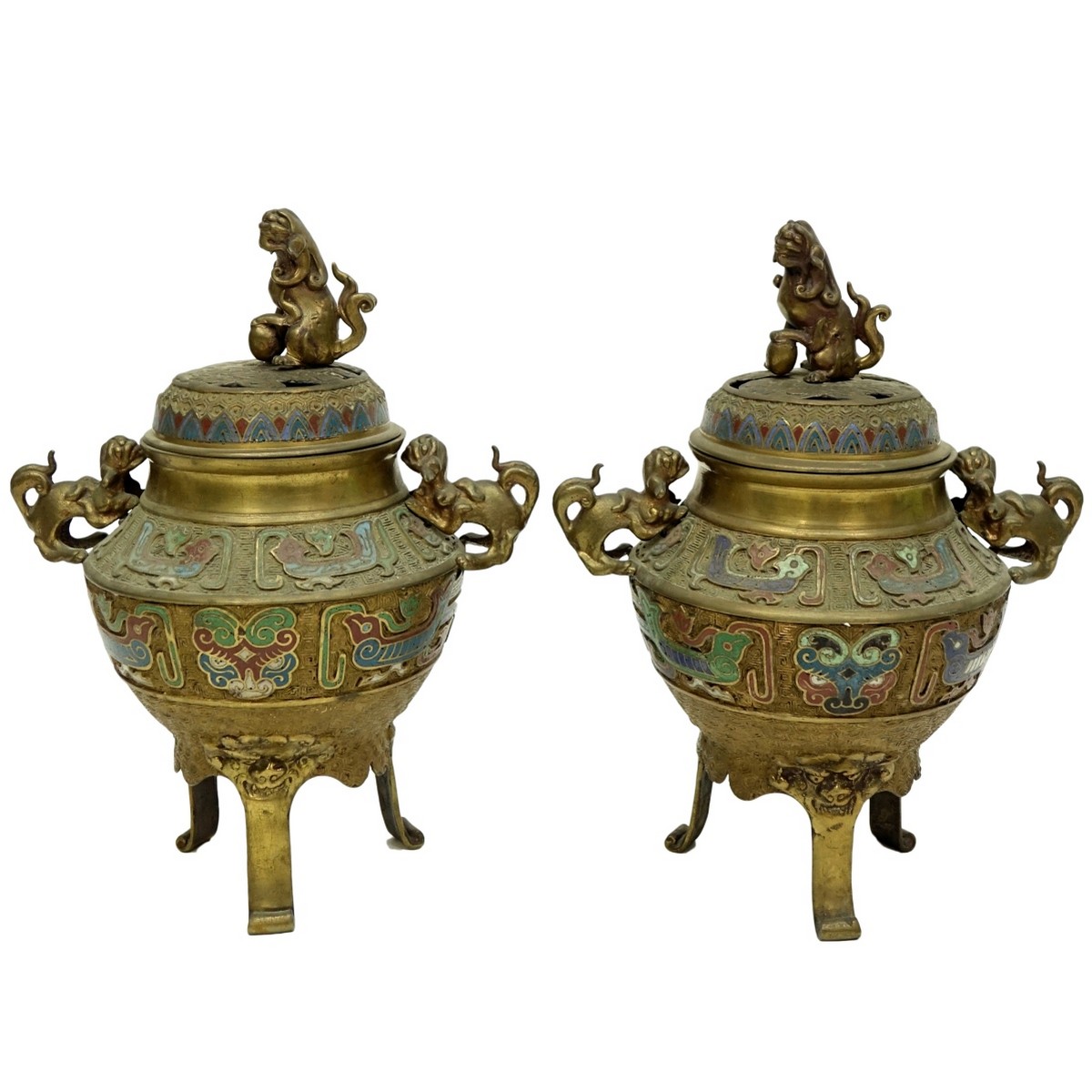 Pair of Japanese Bronze Enamel Incense Burners