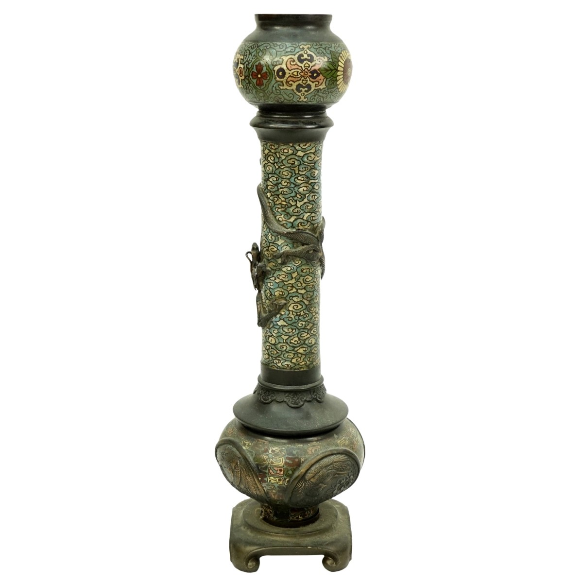 Large Antique Japanese Champleve Vase with Dragon
