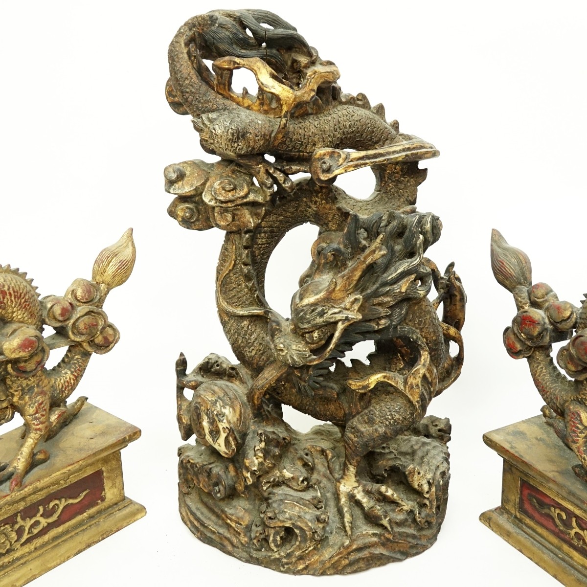 Three (3) Large Chinese Gilt Wood Dragon Carvings