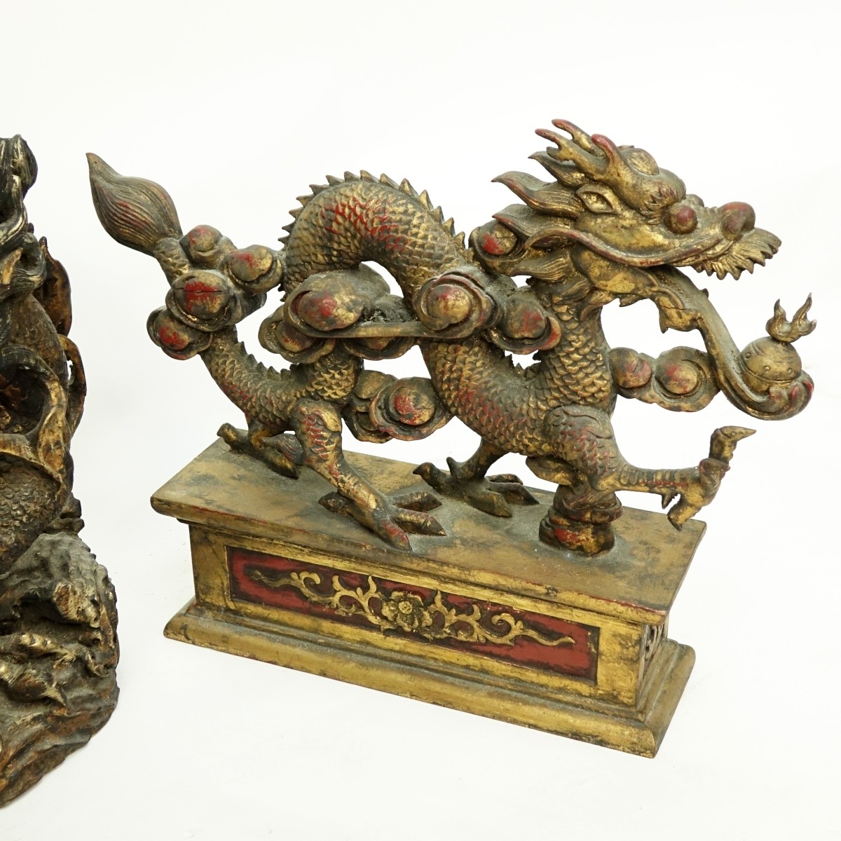 Three (3) Large Chinese Gilt Wood Dragon Carvings