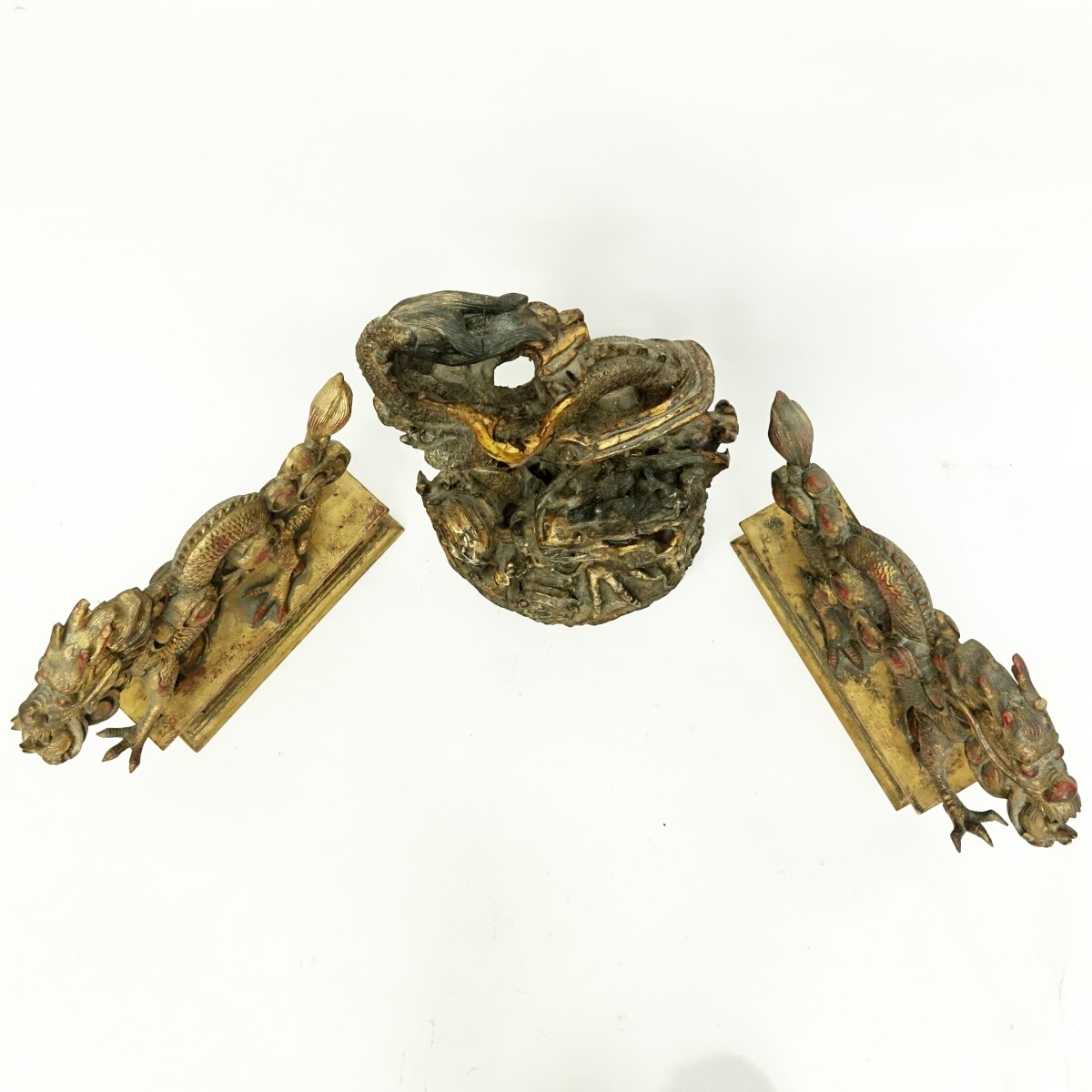 Three (3) Large Chinese Gilt Wood Dragon Carvings