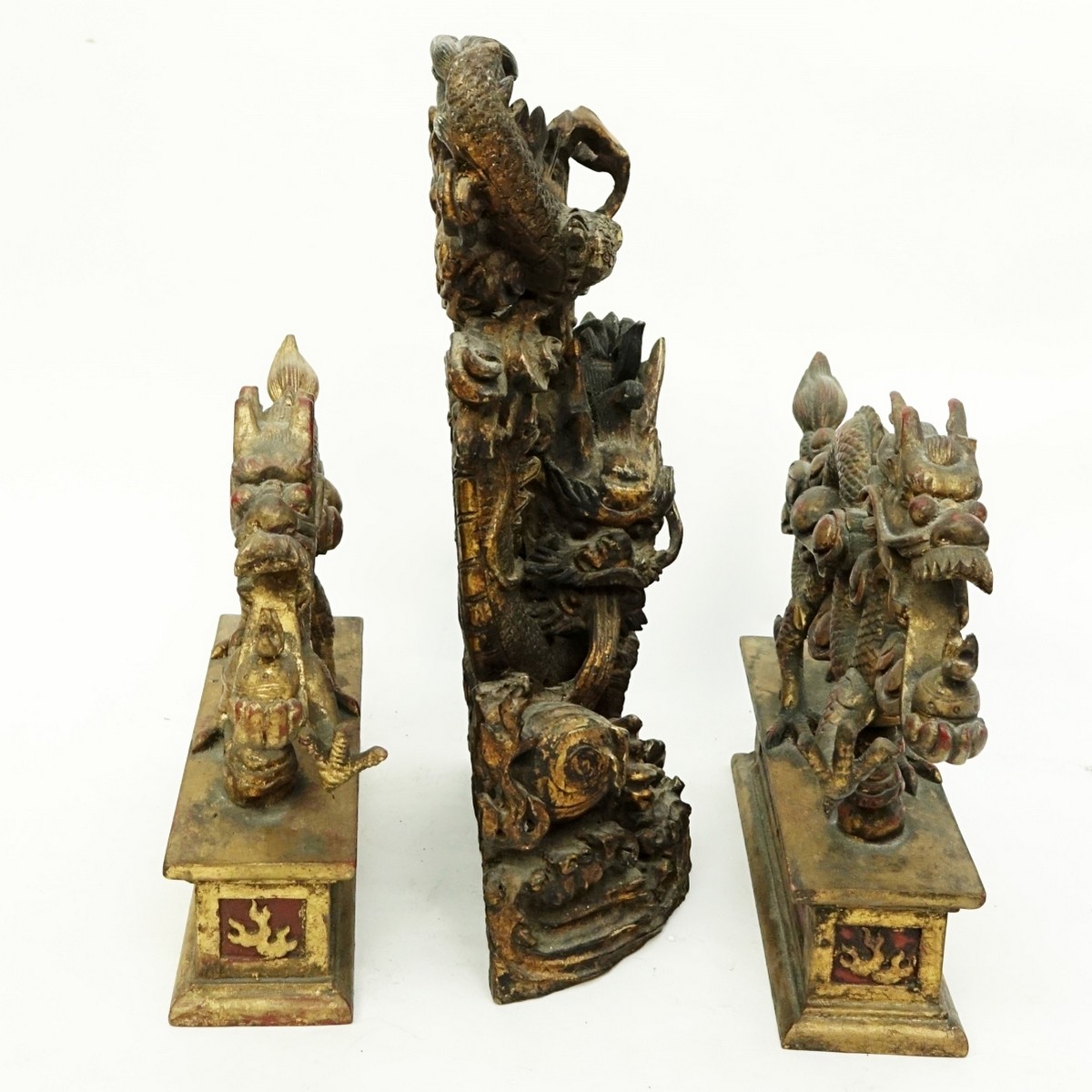 Three (3) Large Chinese Gilt Wood Dragon Carvings