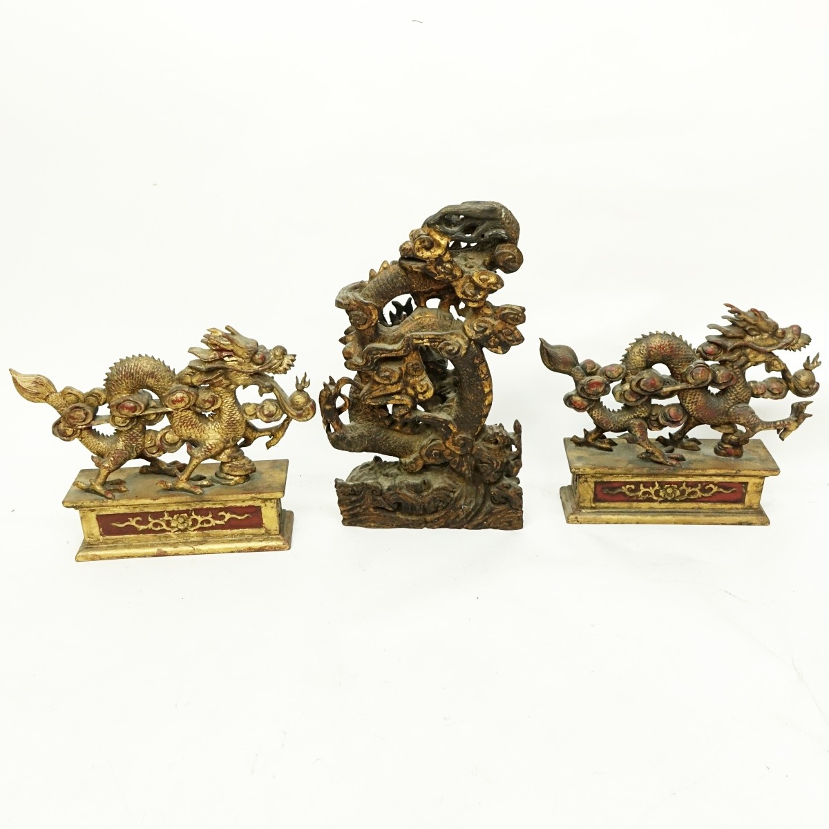 Three (3) Large Chinese Gilt Wood Dragon Carvings