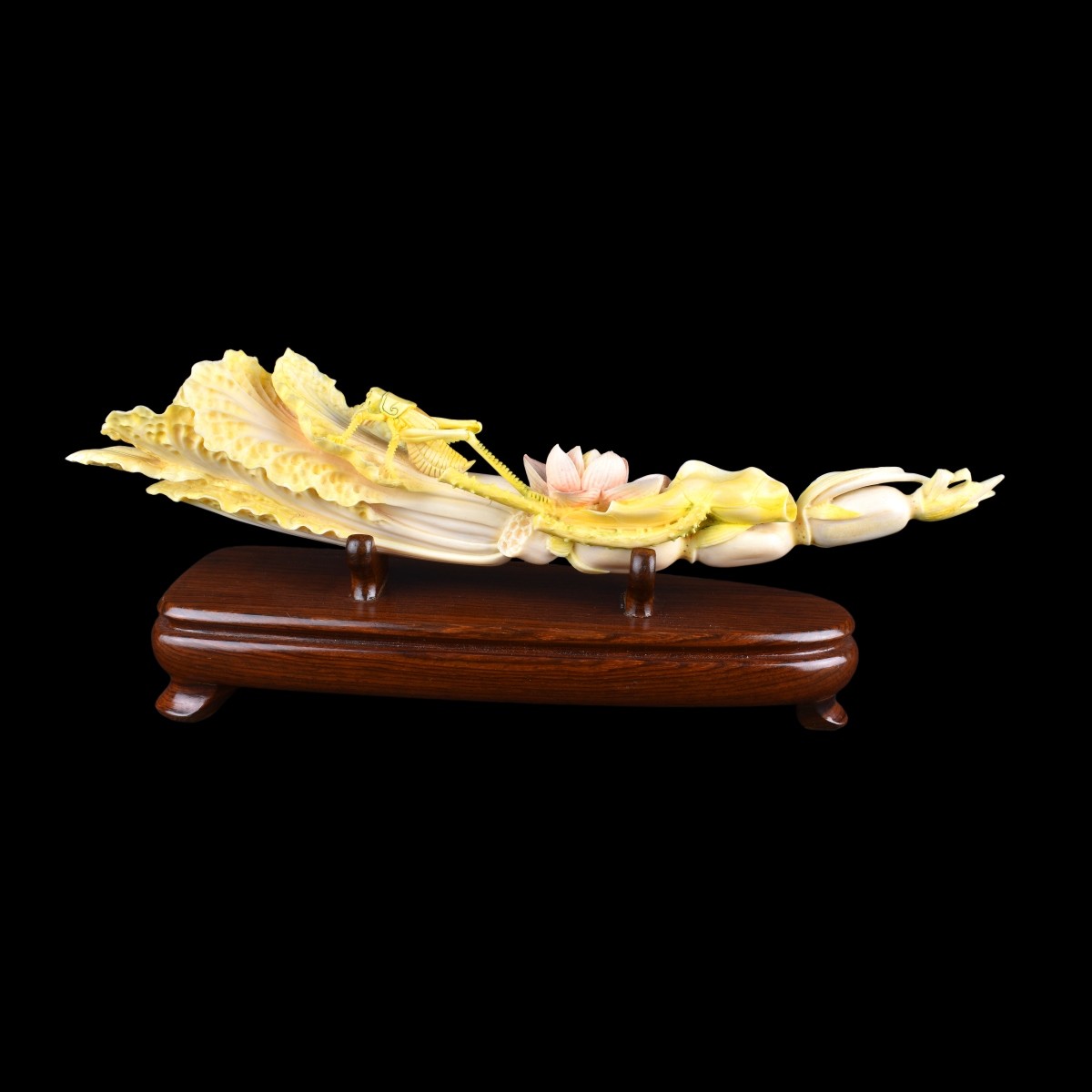 Chinese Carved Polychrome Ivory Cricket on Cabbage