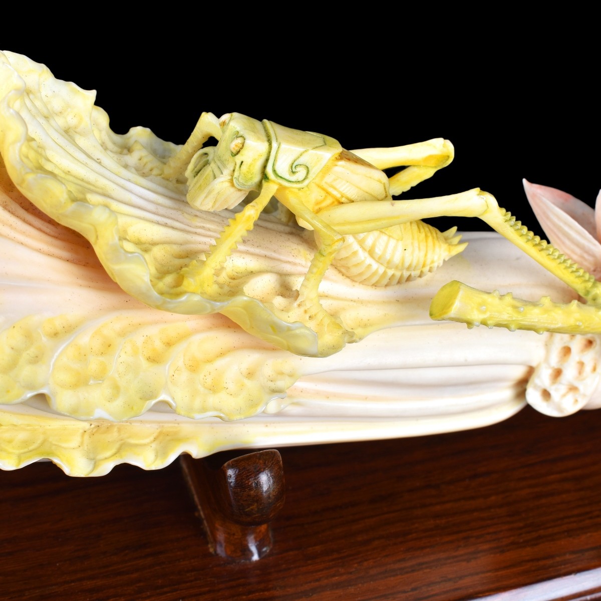 Chinese Carved Polychrome Ivory Cricket on Cabbage