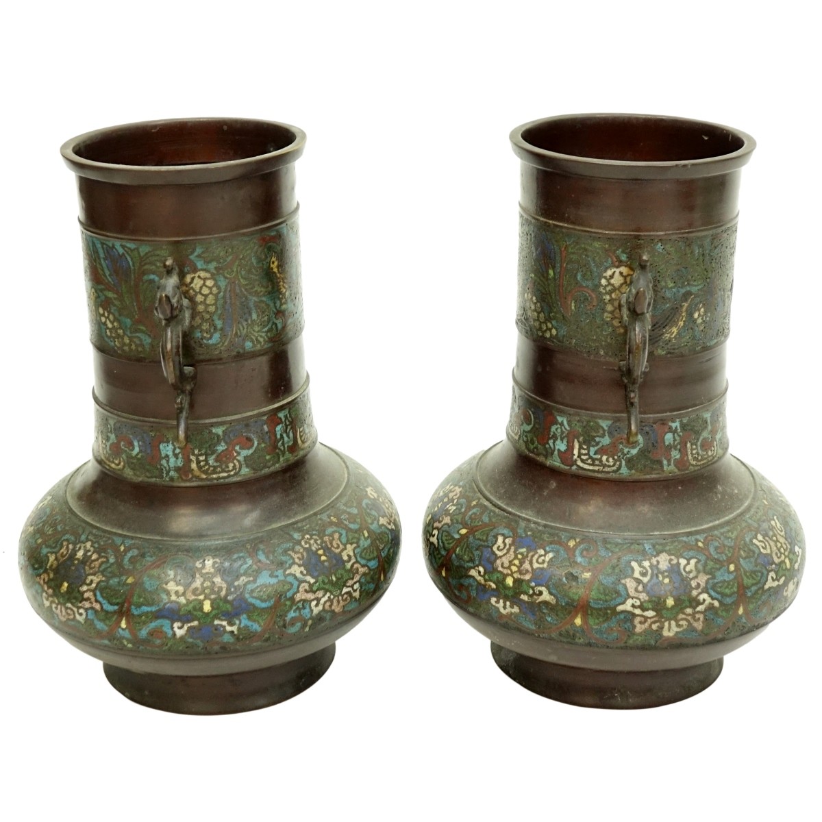 Pair of Japanese Bronze Champleve Enamel Vases