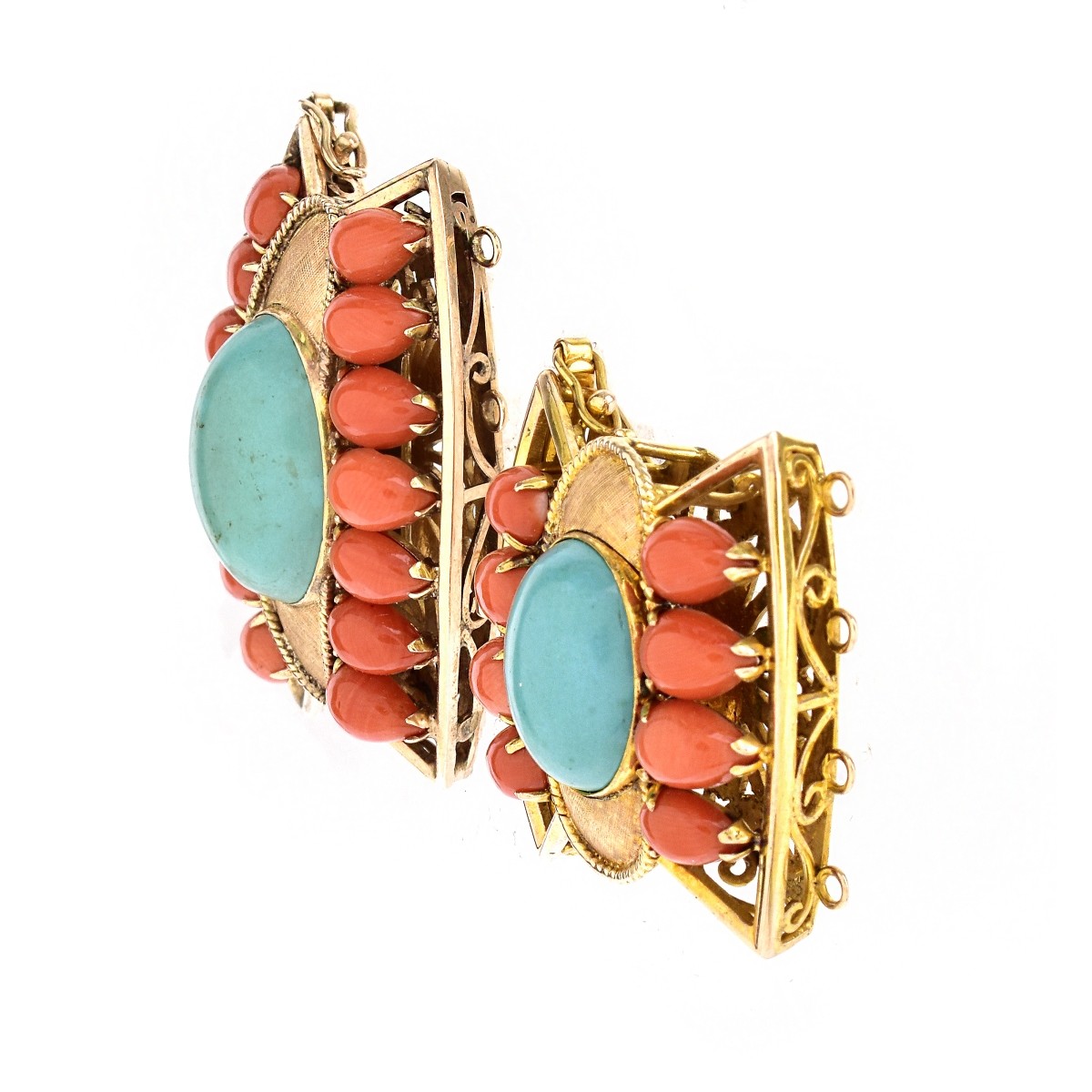 Two (2) Coral, Turquoise and 14K Gold Clasps