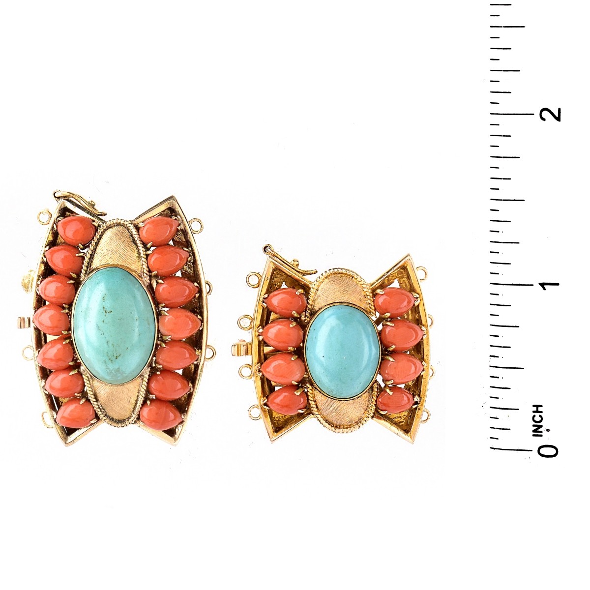 Two (2) Coral, Turquoise and 14K Gold Clasps