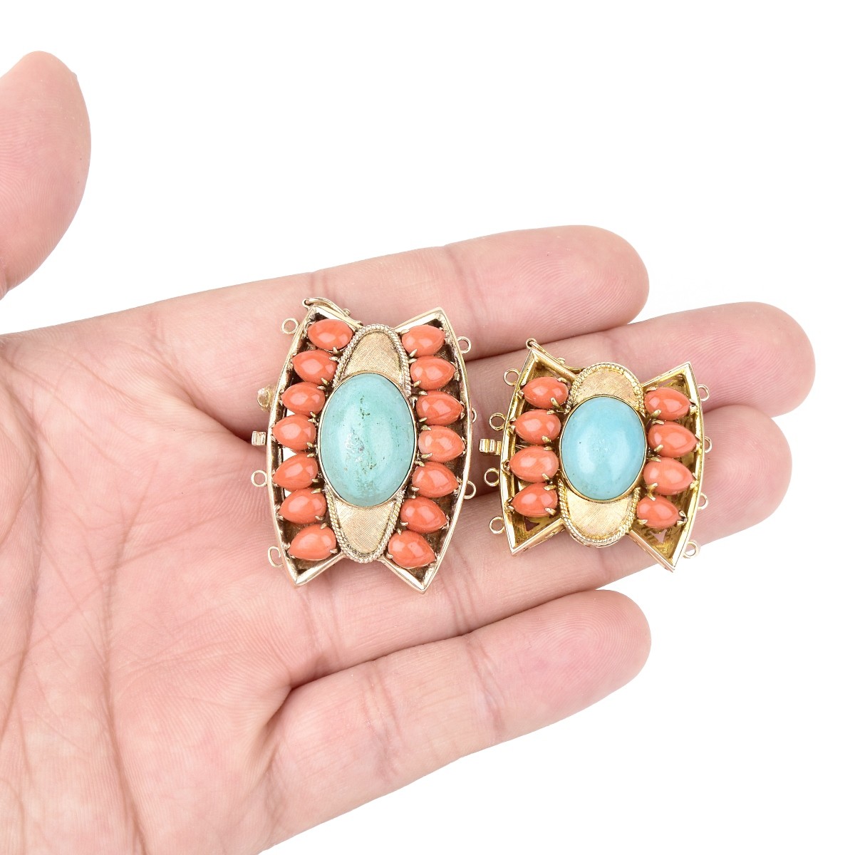 Two (2) Coral, Turquoise and 14K Gold Clasps