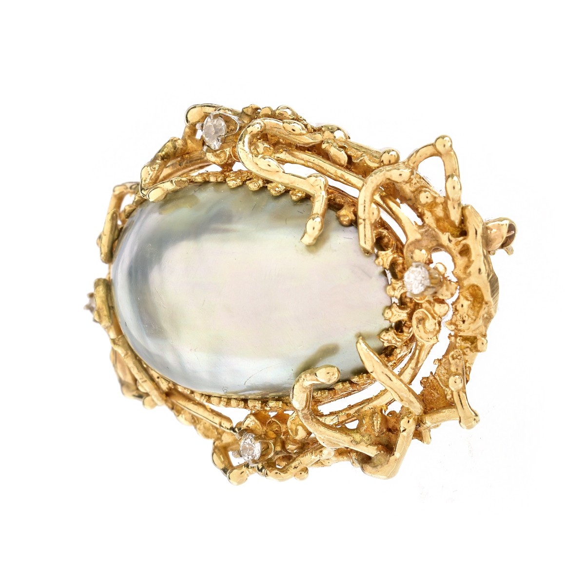 Black Mabe Pearl, Diamond and 14K Gold Brooch