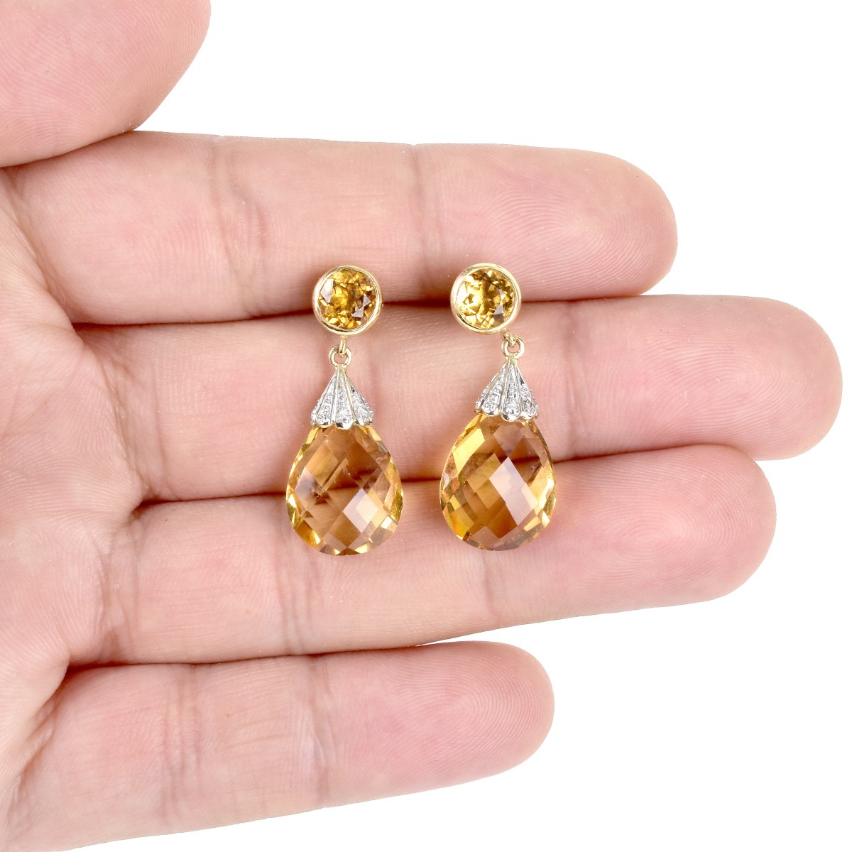 Citrine, Diamond and 14K Gold Pendant Earrings