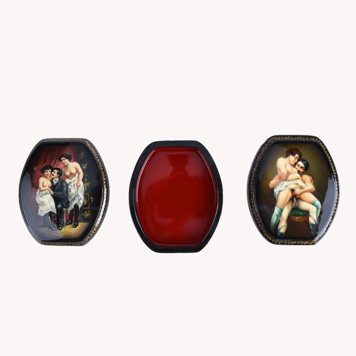 Russian Lacquered Three Part Box with Erotic Scene