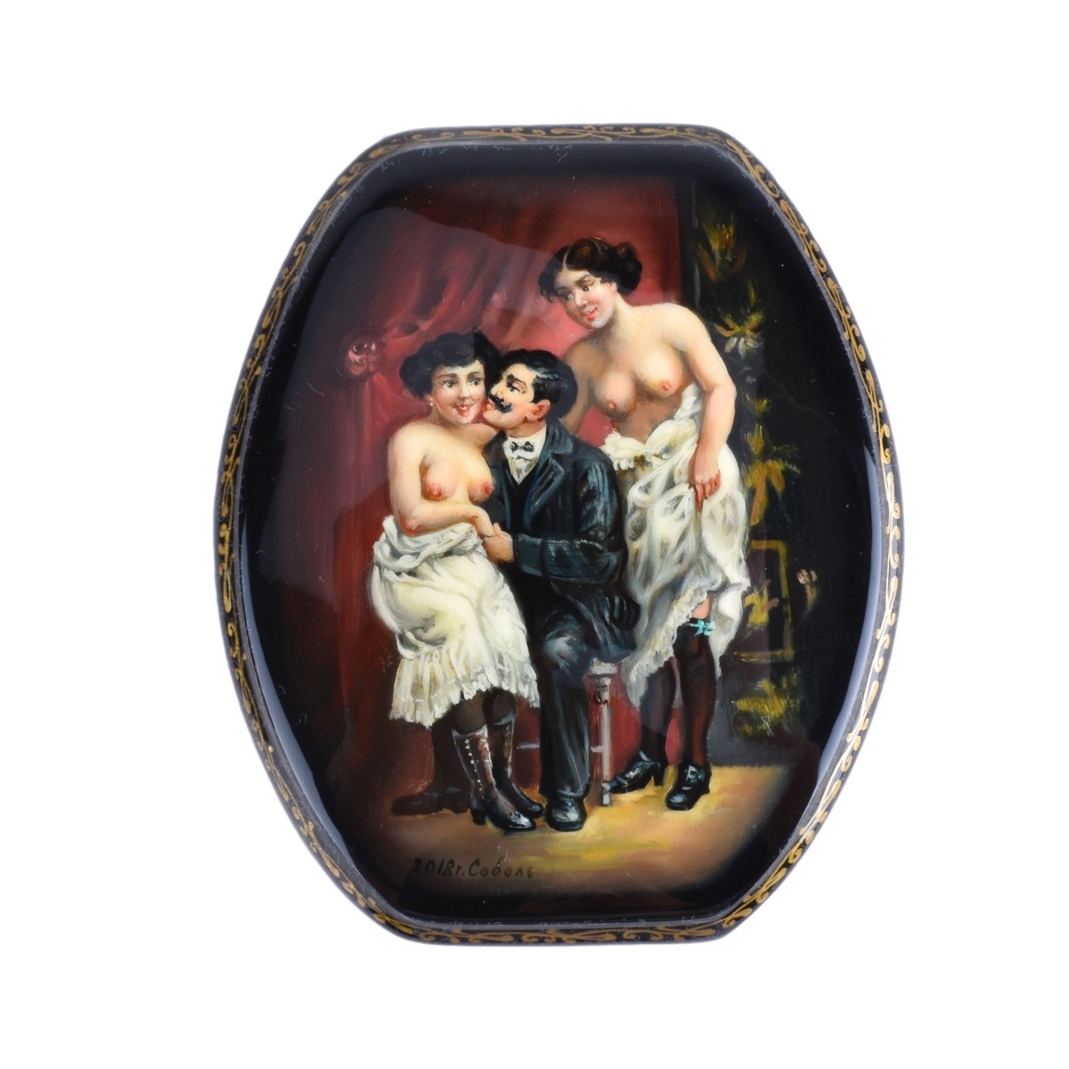 Russian Lacquered Three Part Box with Erotic Scene