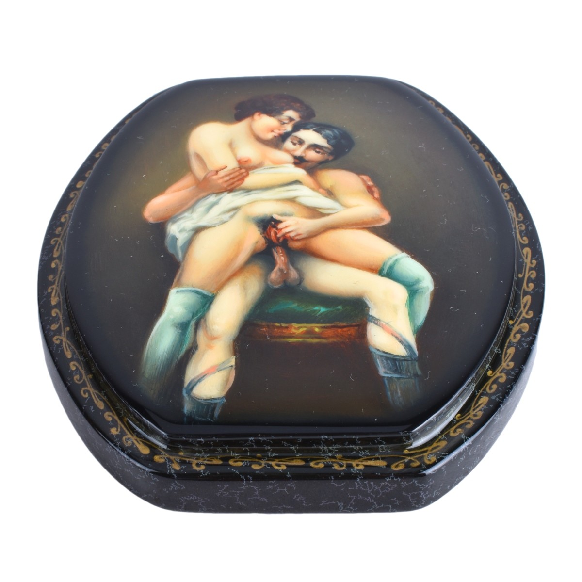 Russian Lacquered Three Part Box with Erotic Scene