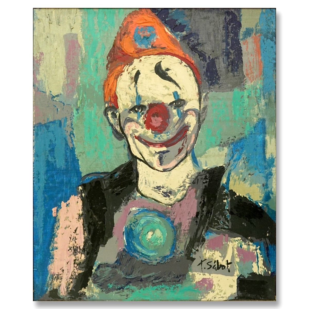 T. Sabat Oil on canvas, Portrait of a Clown
