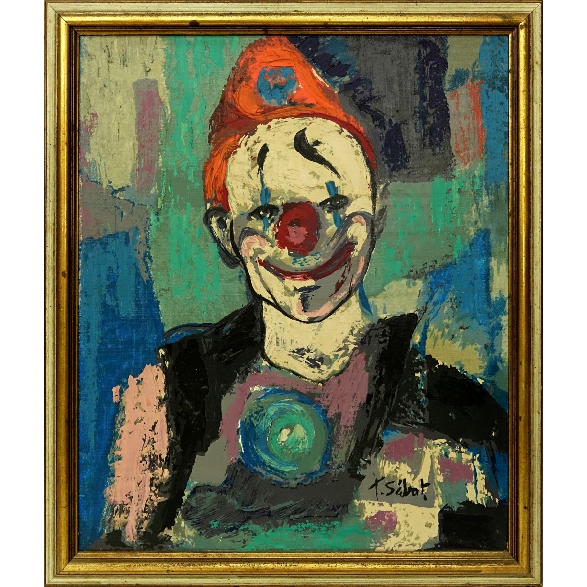 T. Sabat Oil on canvas, Portrait of a Clown