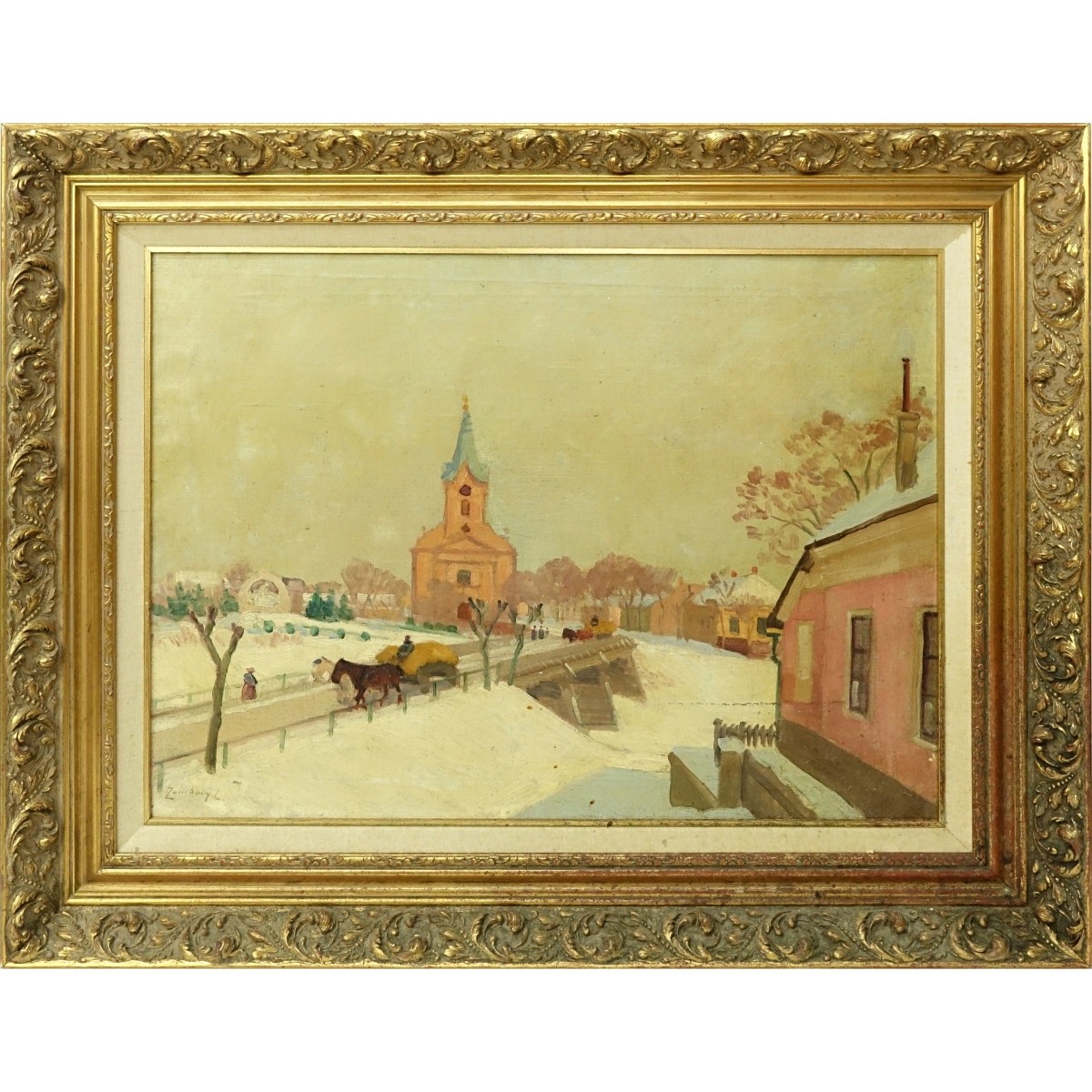 20th Century Oil on Canvas, Village Scene, Signed