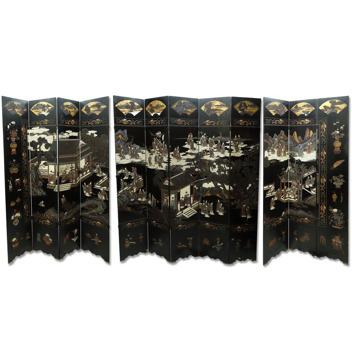 Massive Antique Chinese Black Lacquered Screen