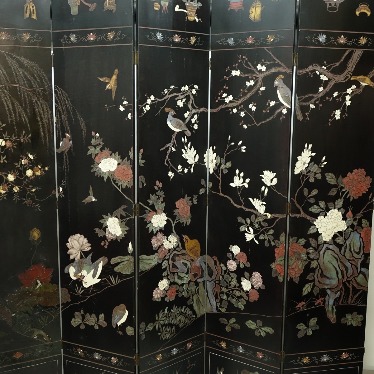 Massive Antique Chinese Black Lacquered Screen