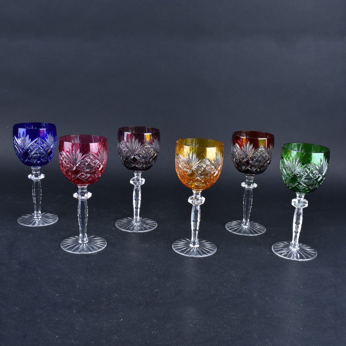 Six Bohemian Style Colored Cut Glass Goblets