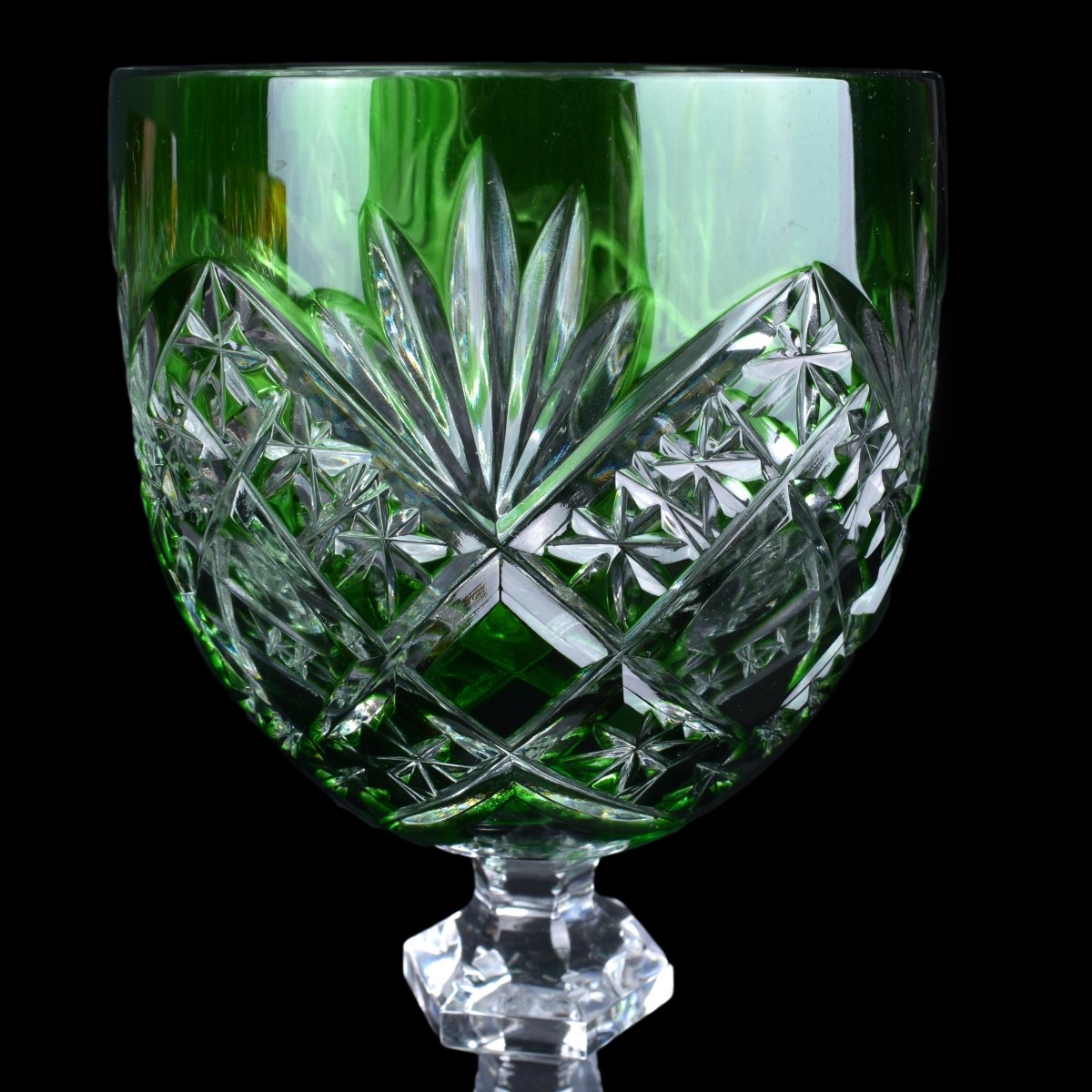 Six Bohemian Style Colored Cut Glass Goblets