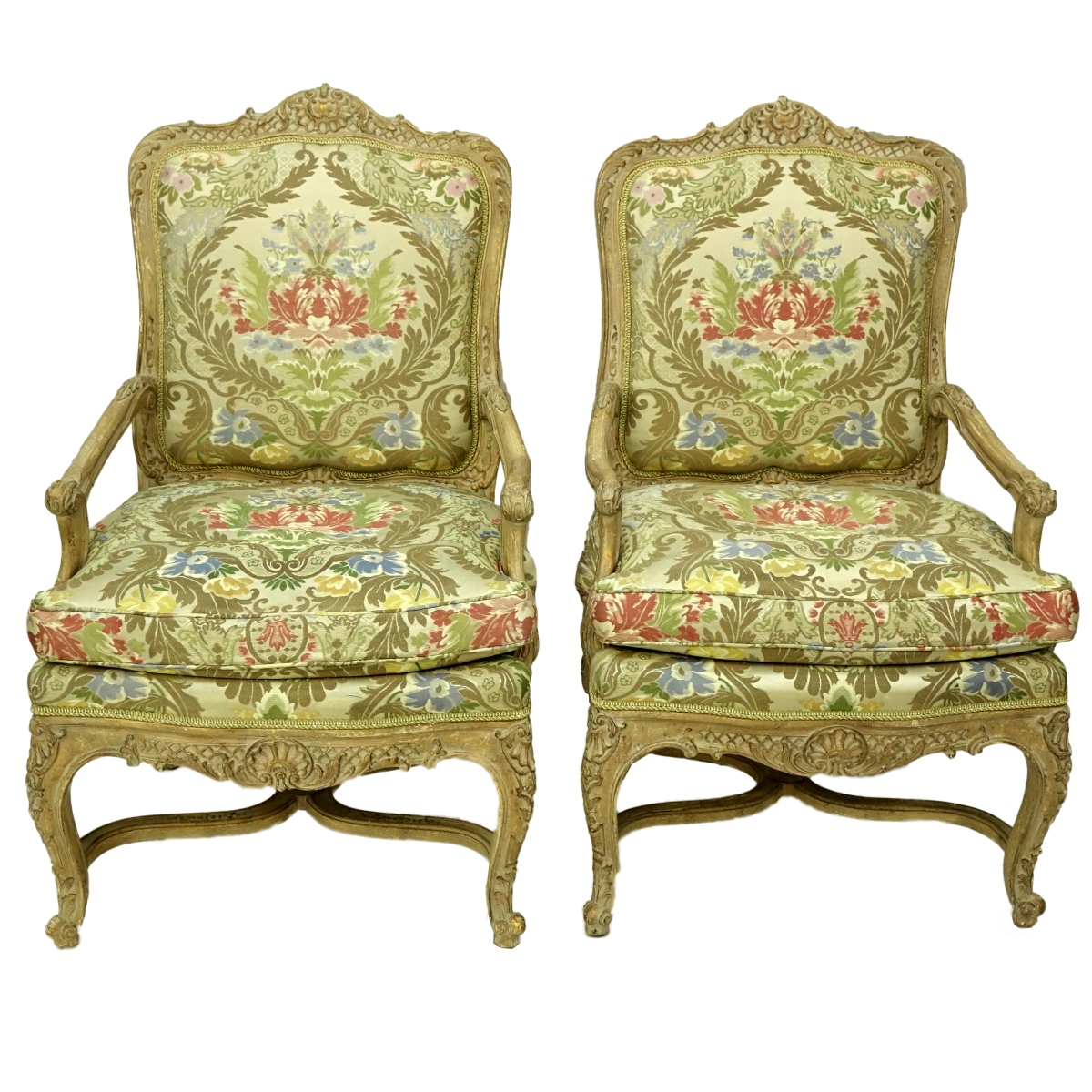 Pair of Louis XV Style Carved Fauteuils