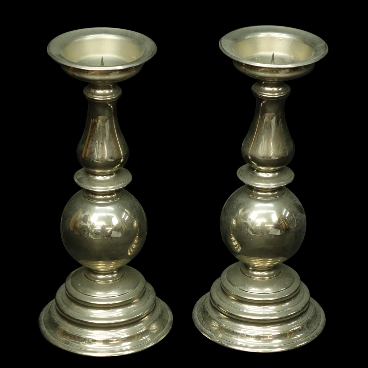 Pair Large Baluster Silver Metal Candlesticks