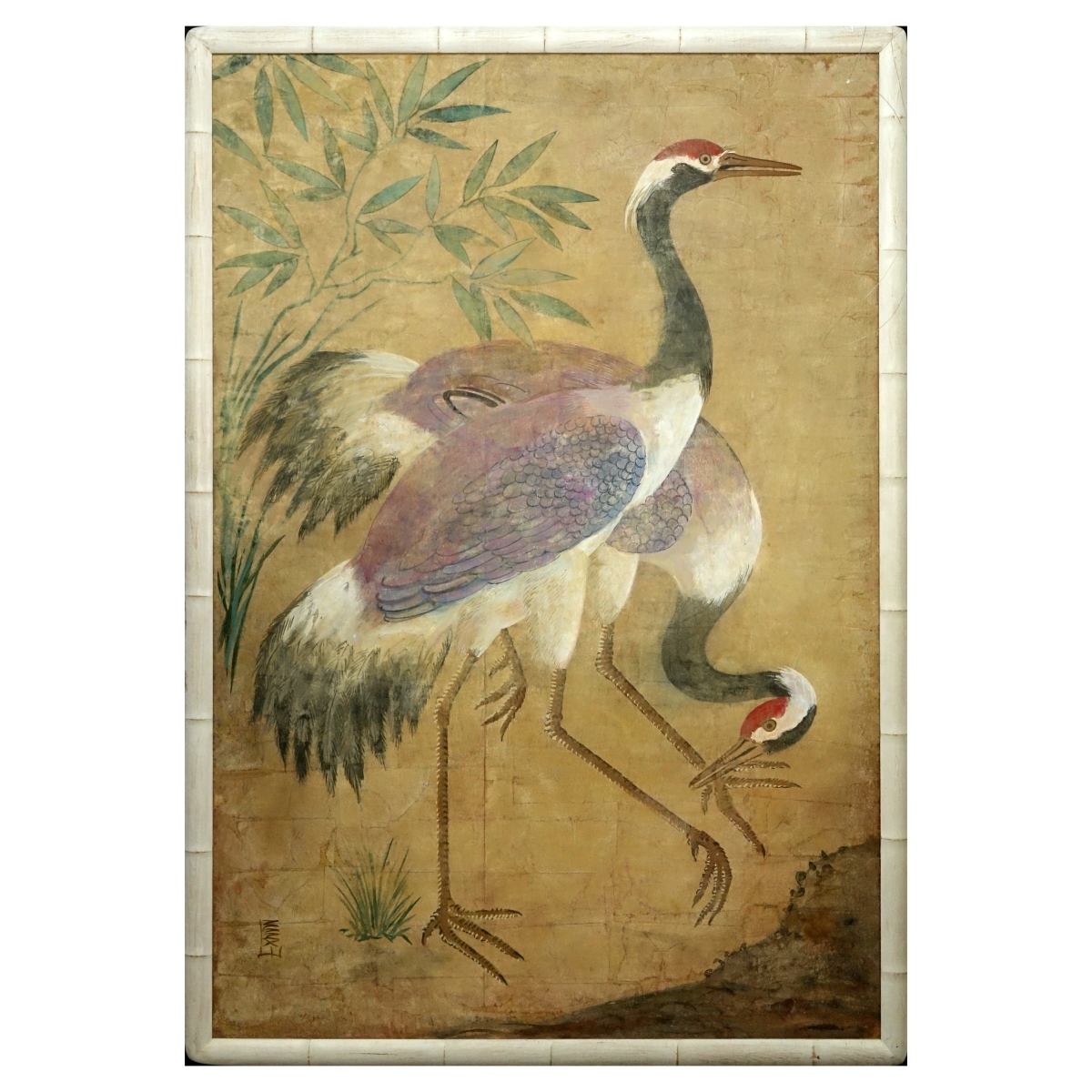 Large Oriental Watercolor, Two Cranes, Signed