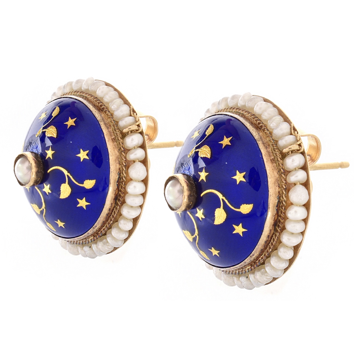 Vintage 14K Gold, Pearl and Enamel Earrings