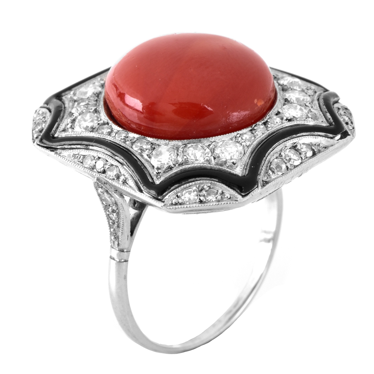 Art Deco Diamond, Coral and Platinum Ring