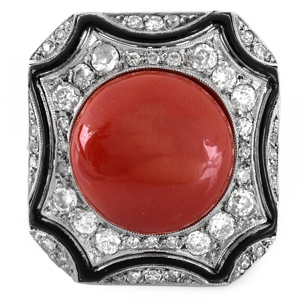 Art Deco Diamond, Coral and Platinum Ring