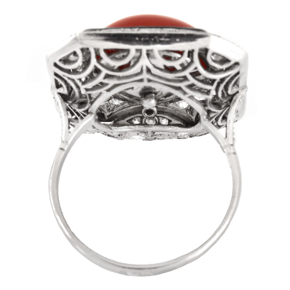 Art Deco Diamond, Coral and Platinum Ring