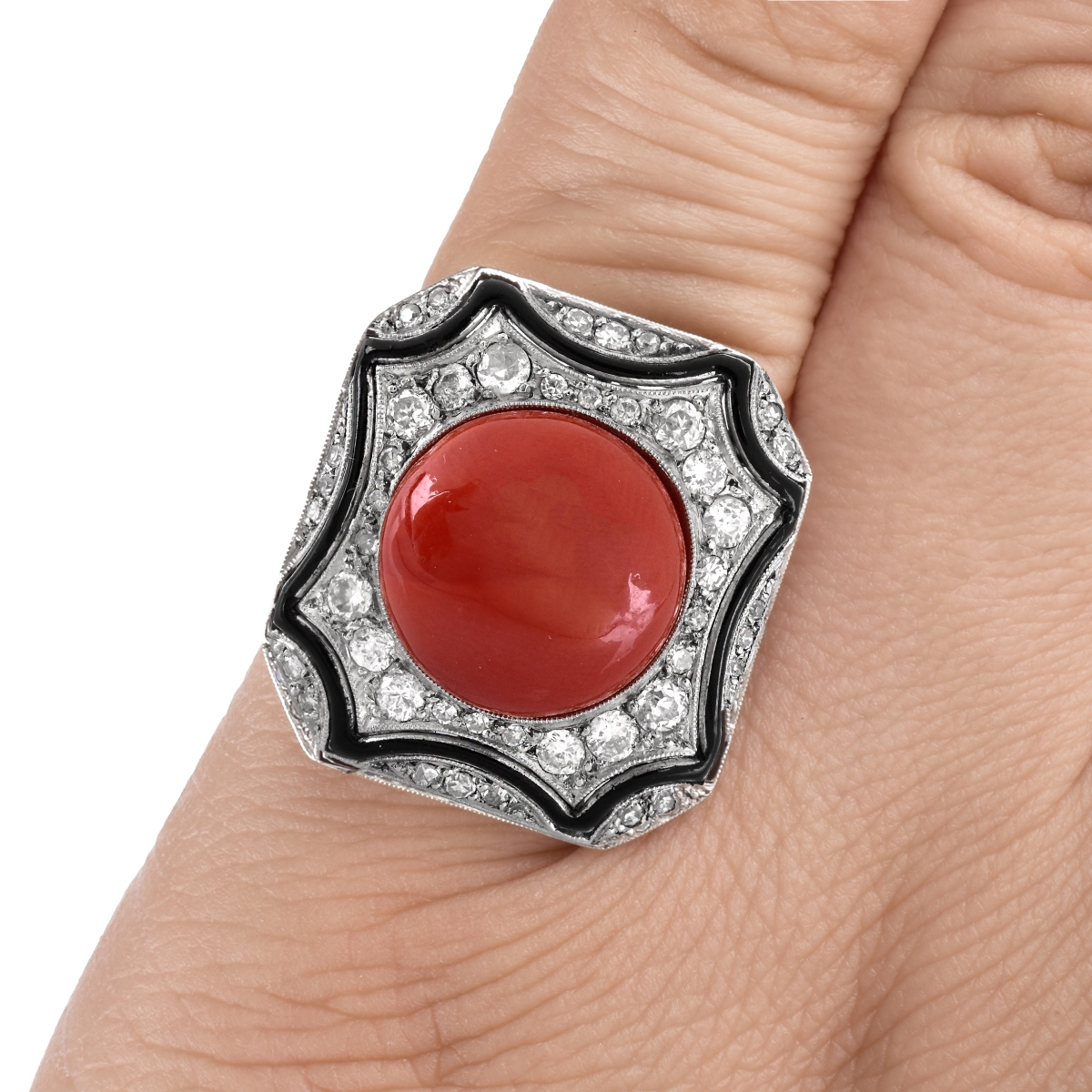 Art Deco Diamond, Coral and Platinum Ring