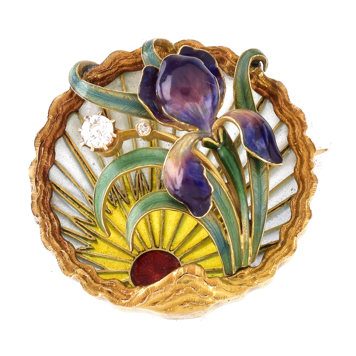 Russian Diamond, Enamel and 14K Gold Brooch