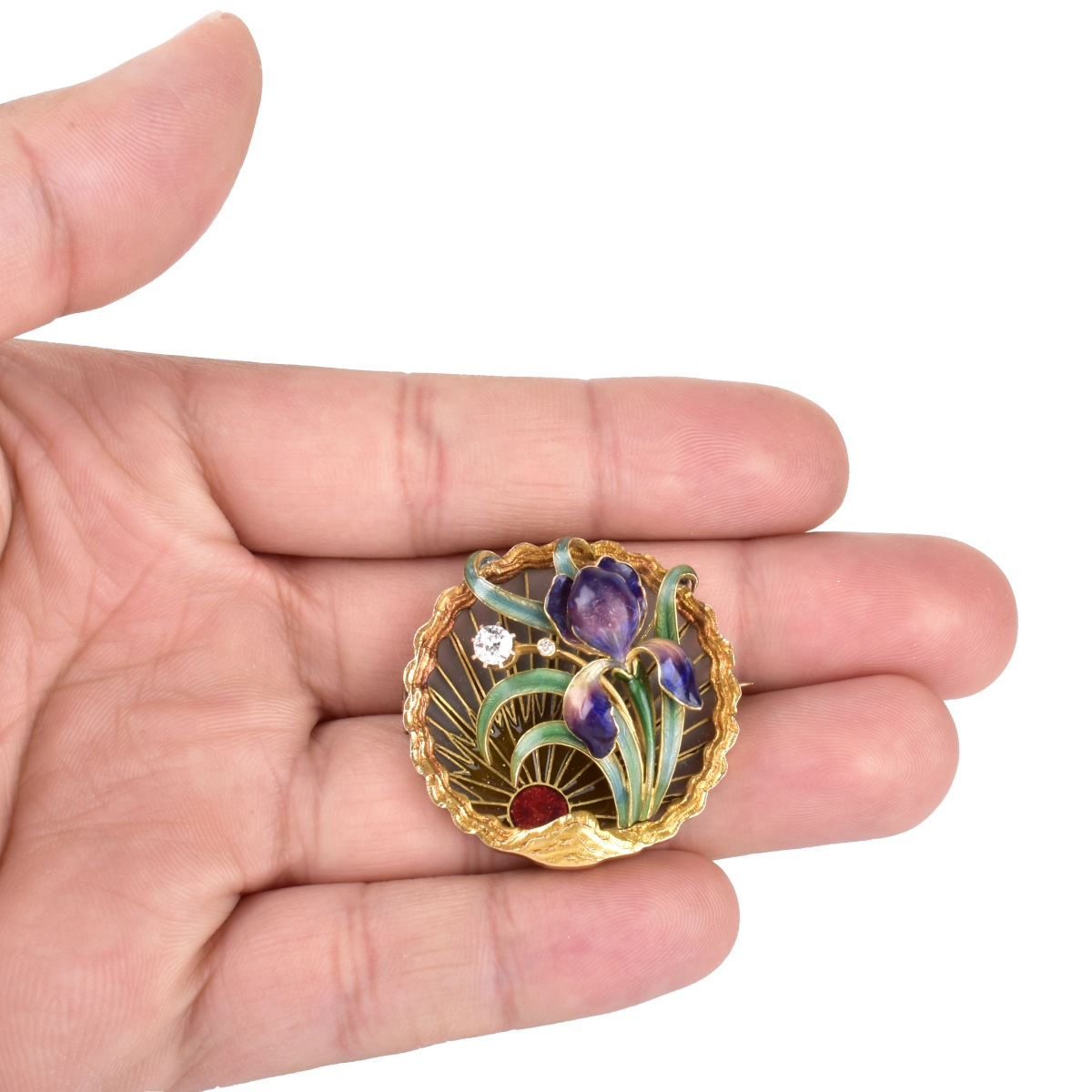 Russian Diamond, Enamel and 14K Gold Brooch