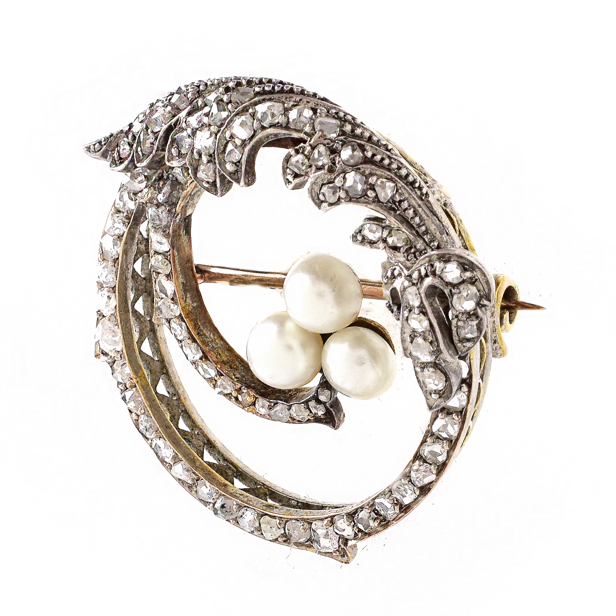 Russian Diamond, 14K Gold and Pearl Brooch