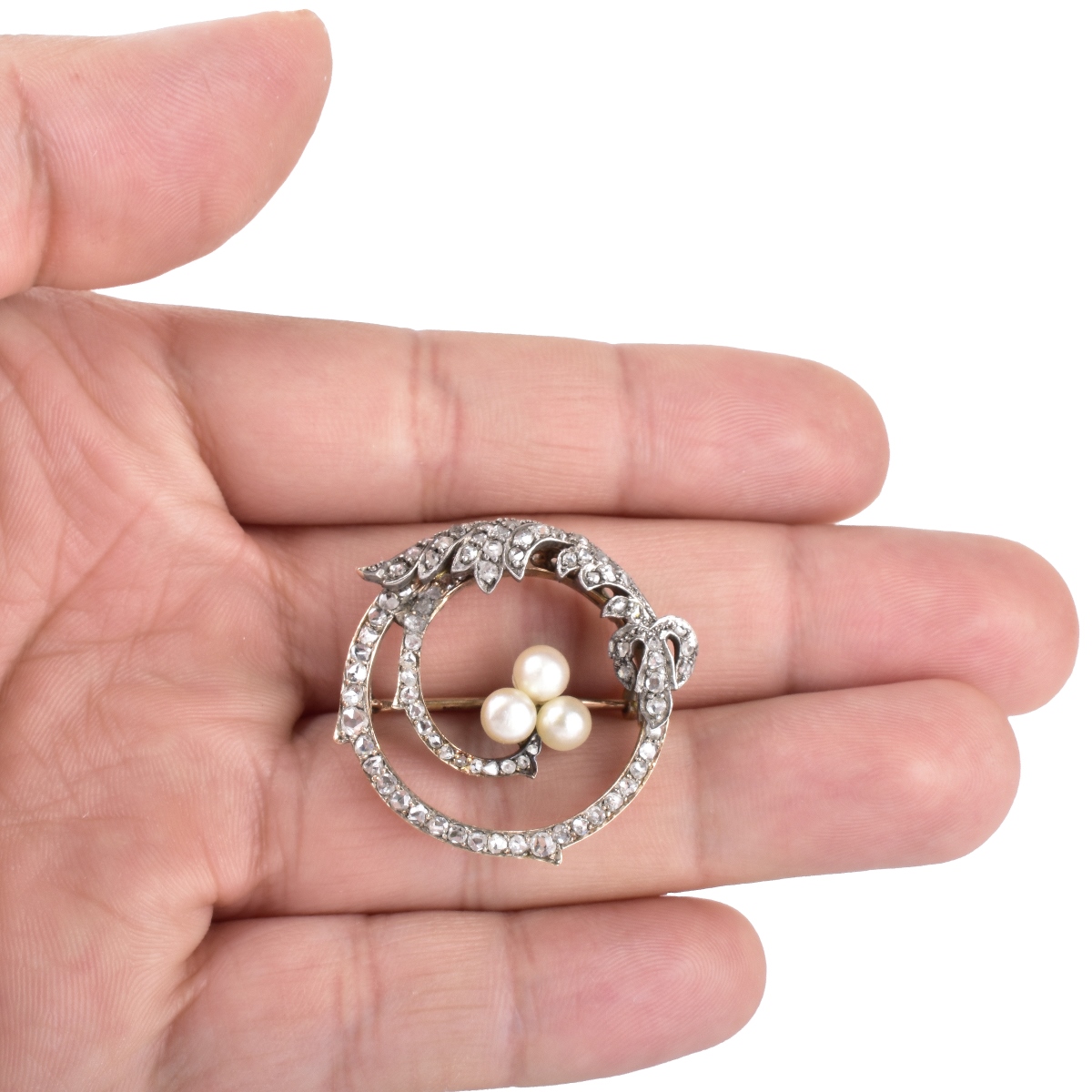 Russian Diamond, 14K Gold and Pearl Brooch