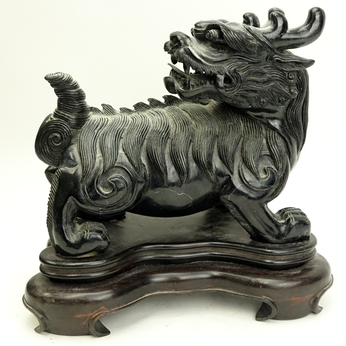 Large Chinese Carved Black Stone Foo Dog/Dragon