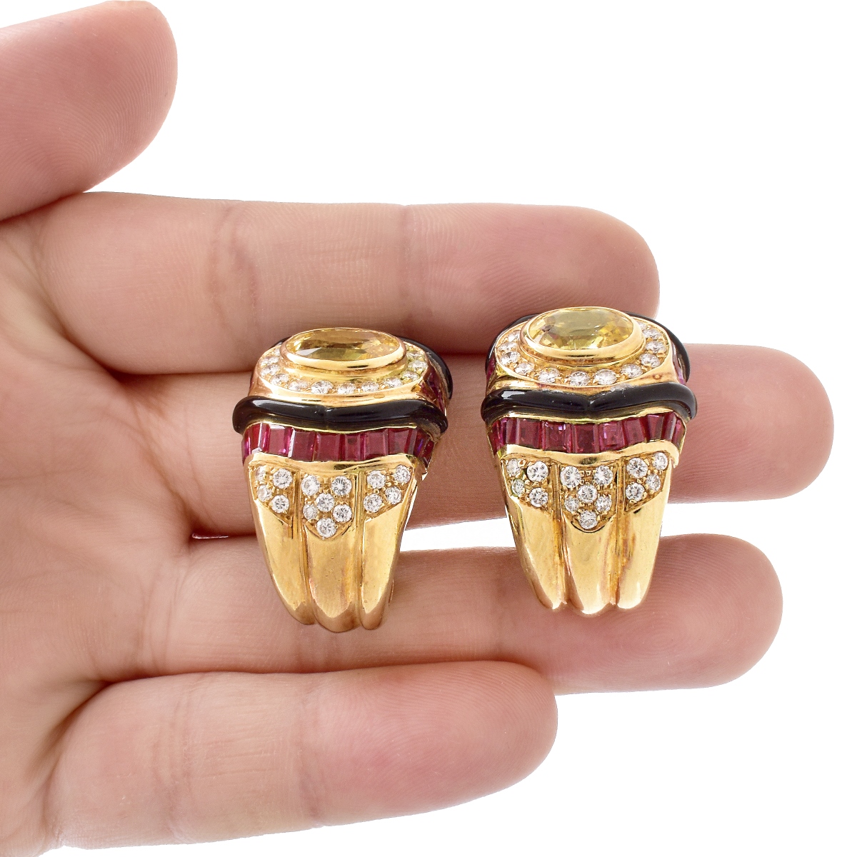 Sapphire, Ruby, Diamond and 18K Gold Earrings