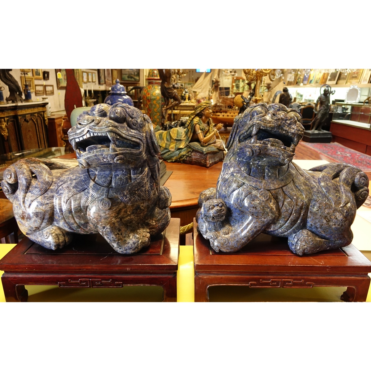 Large Pair of Chinese Carved Lapis Foo Dogs