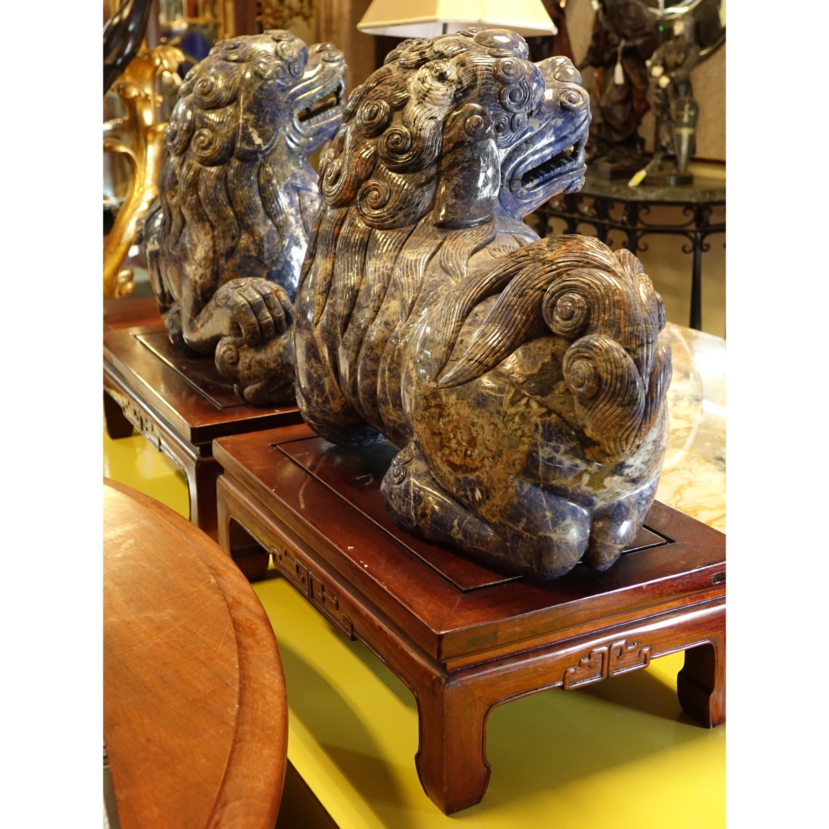 Large Pair of Chinese Carved Lapis Foo Dogs