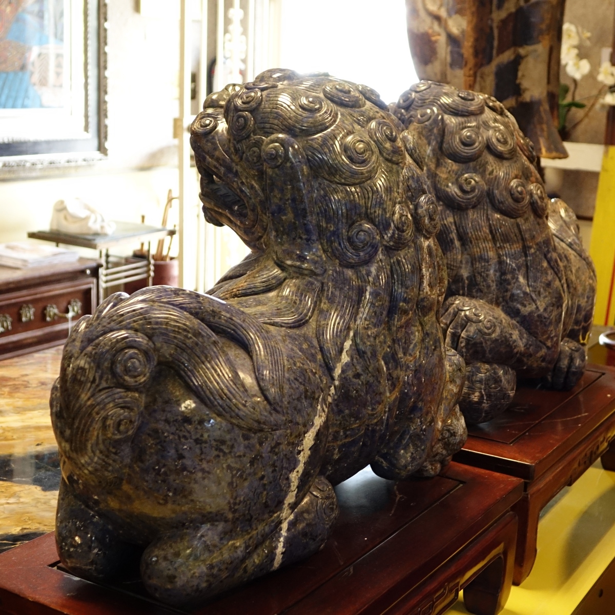 Large Pair of Chinese Carved Lapis Foo Dogs