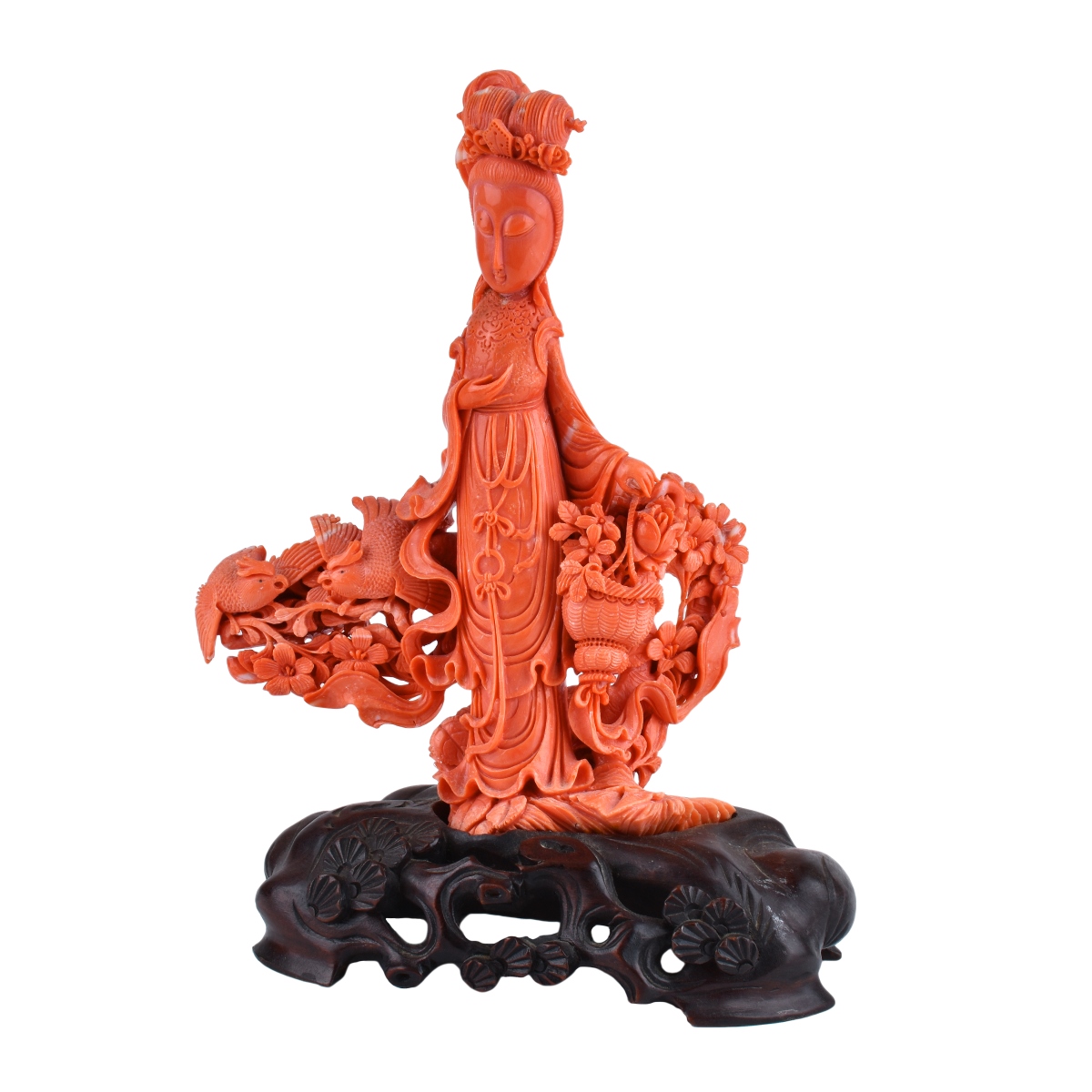 Superb Chinese Carved Pink Coral Guanyin Group