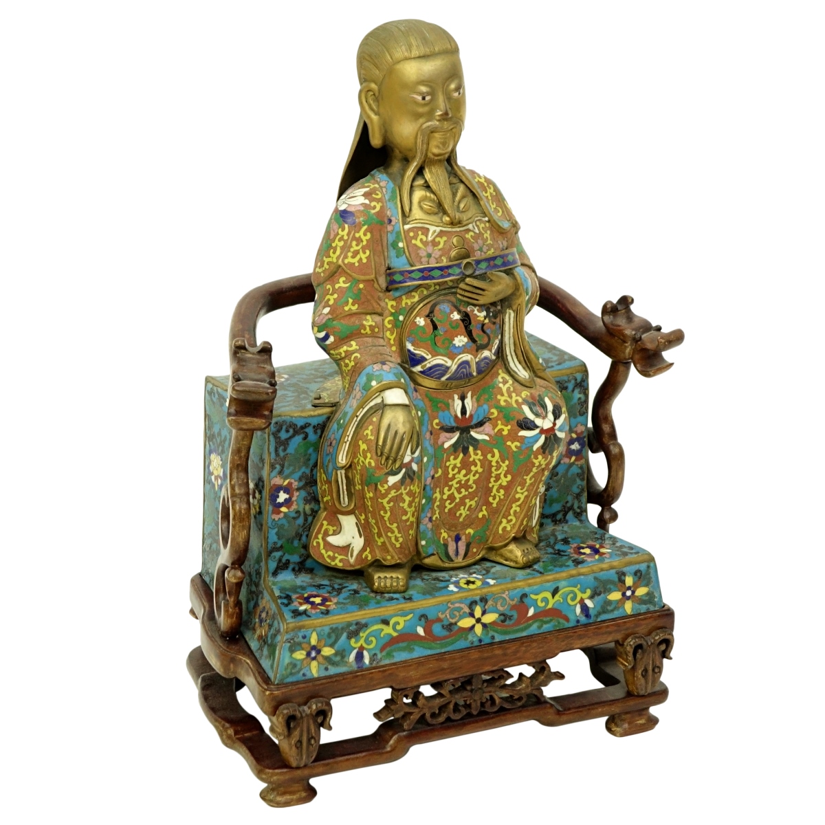 Chinese Cloisonne Emperor Figure On Wood Stand